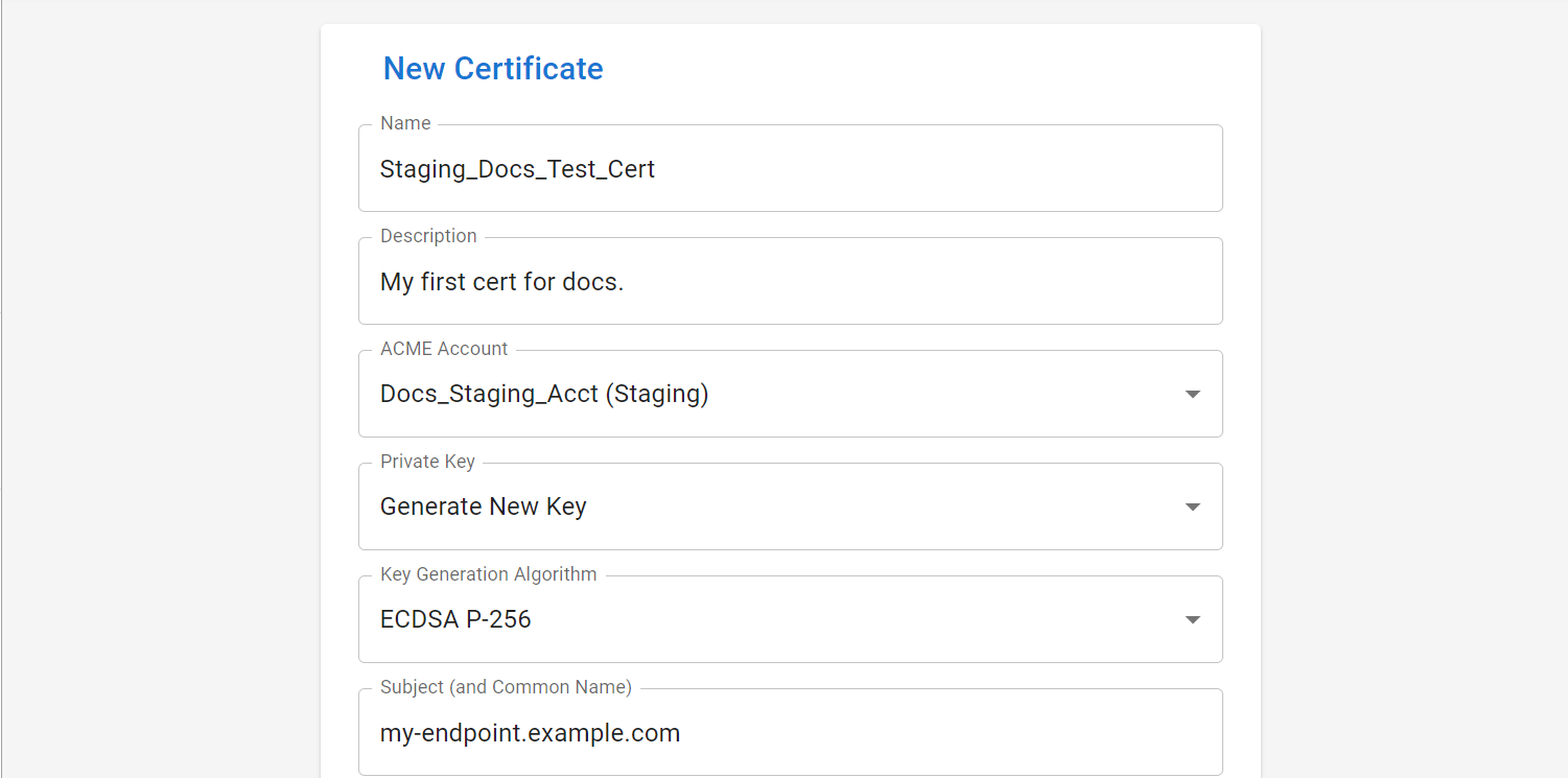 New Staging Certificate
